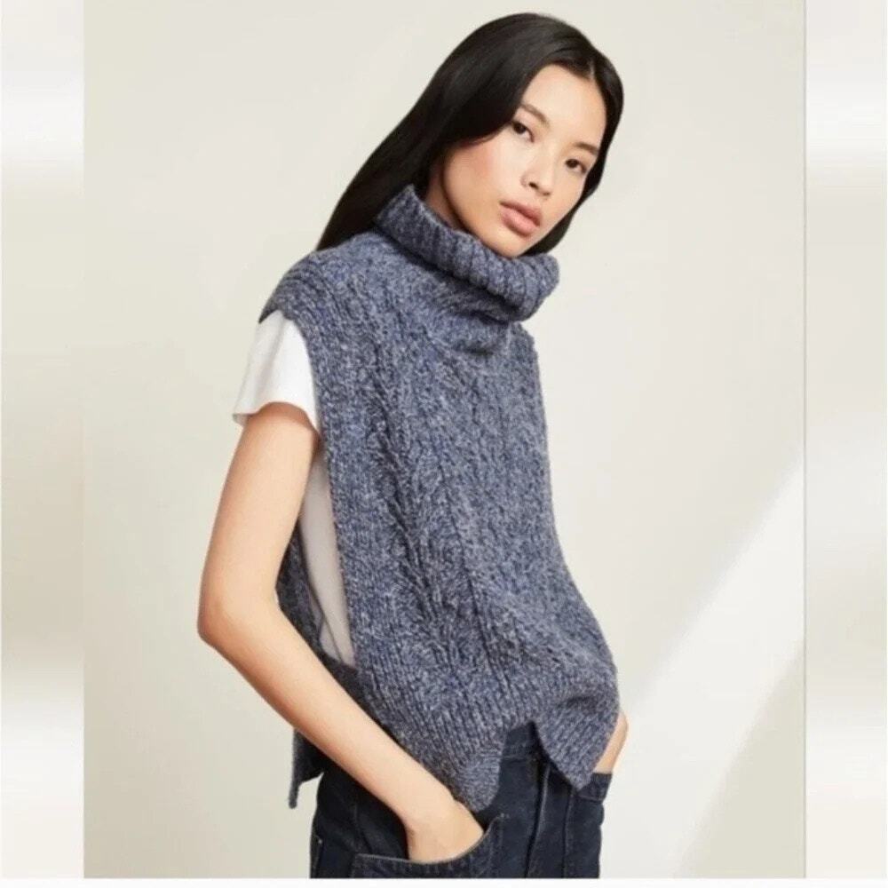 Veronica Beard Collina Sweater Vest Blue Cable Knit Wool Silk Turtleneck M/L - Picture 3 of 10